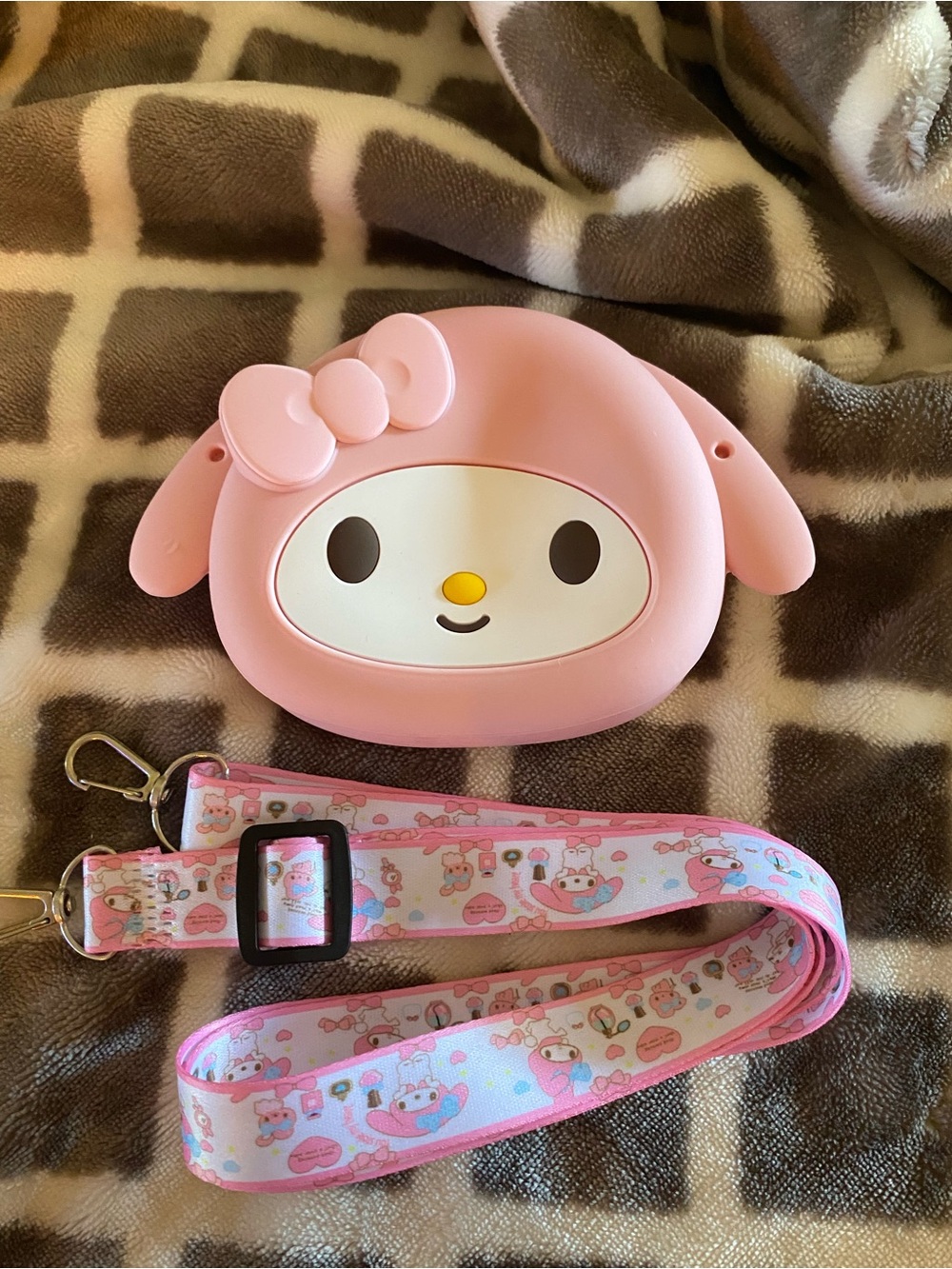 NWOT Sanrino My Melody Crossbody Bag with matching adjustable fabric strap.